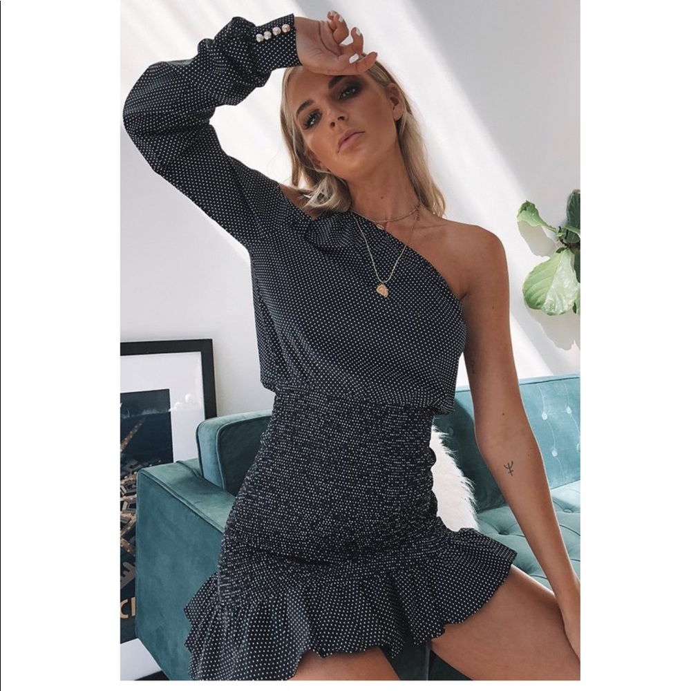 Beginning Boutique One Shoulder Dress Black Polka